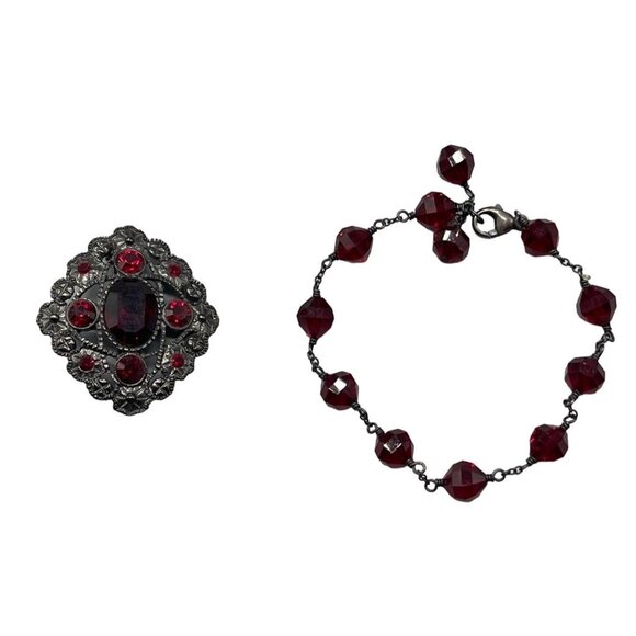 None Jewelry - Costume Jewelry Pin brooch red stones bracelet set in metal 1 1/2" long READ